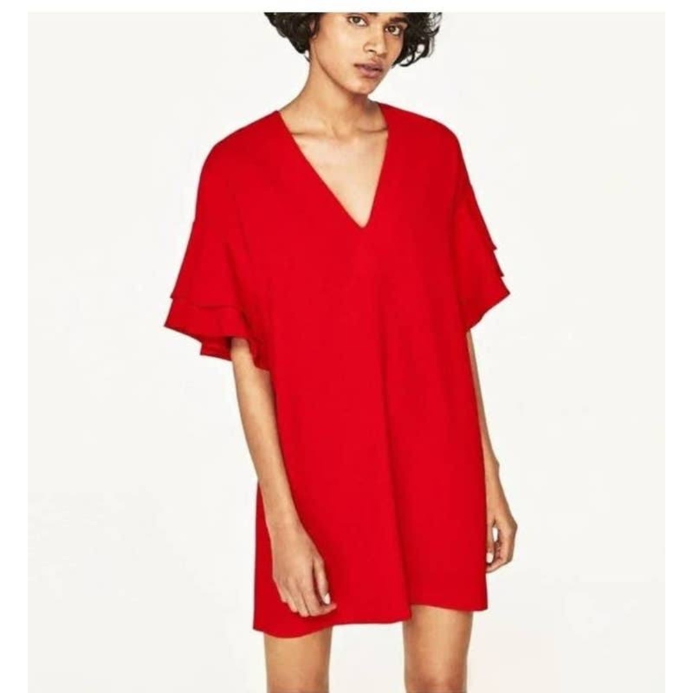 Zara Ruffle Sleeve Crepe Dress